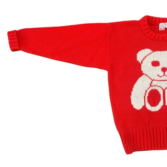 Vintage 80s 90s Red Knit Crewneck Teddy Bear Print Pullover Sweater Size Small - Picture 3 of 8